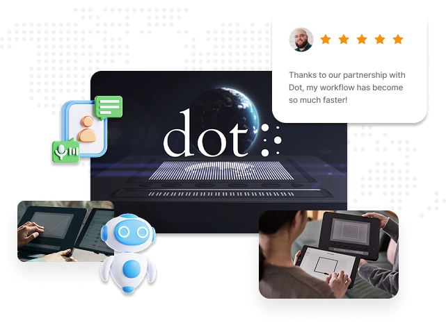 An image featuring a Dot Pad, an AI robot, and user reviews.